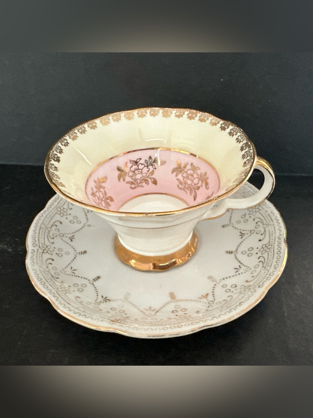 Mismatched Regency Pink Corset Teacup Floral / Gold Footed & Coronation Saucer